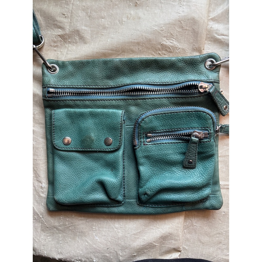Fossil Crossbody Bag Womens Small Teal Green Leather Multi Pocket Messenger